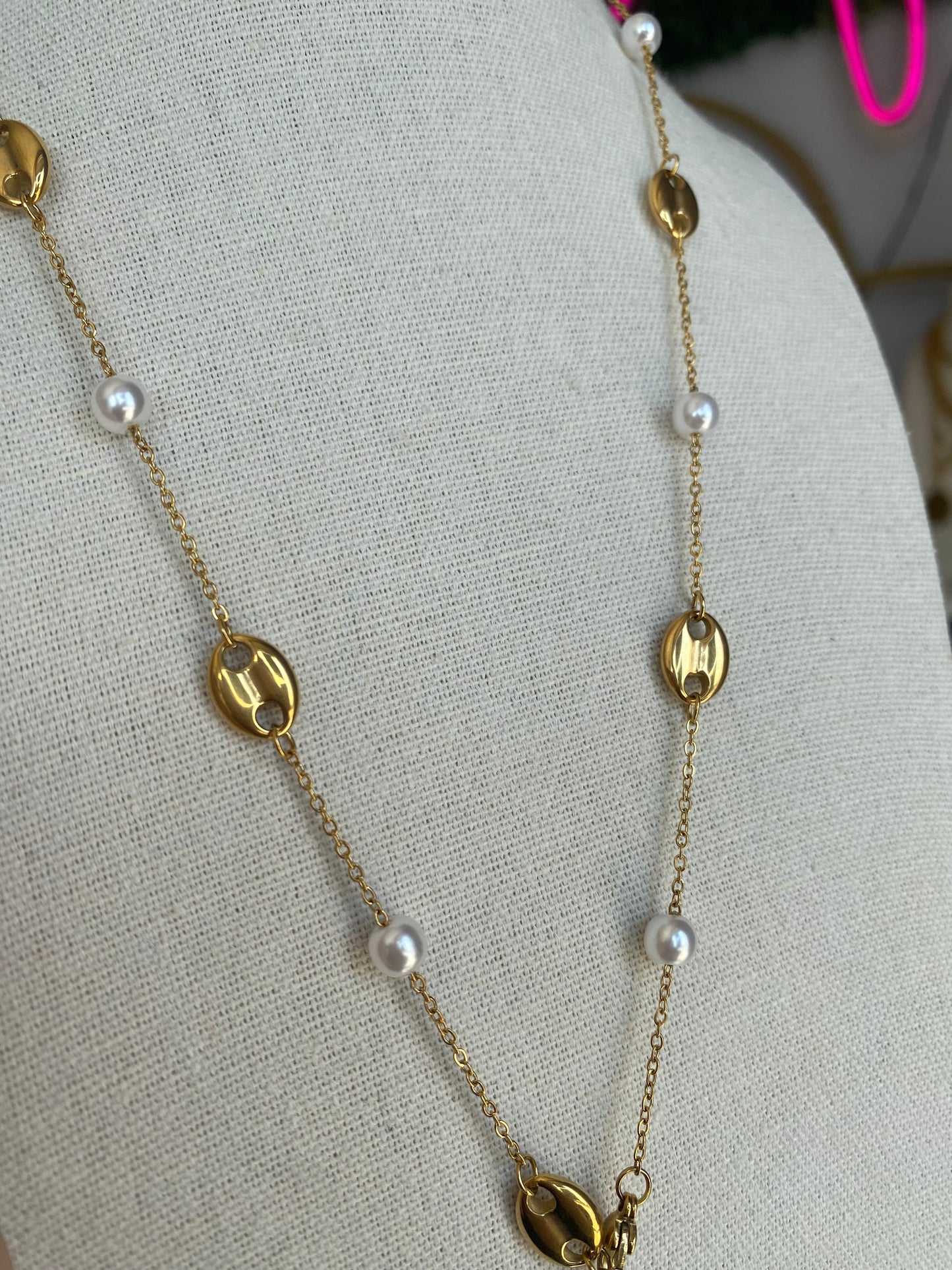 Multi Link Lariat Necklace Stainless Gold Plated