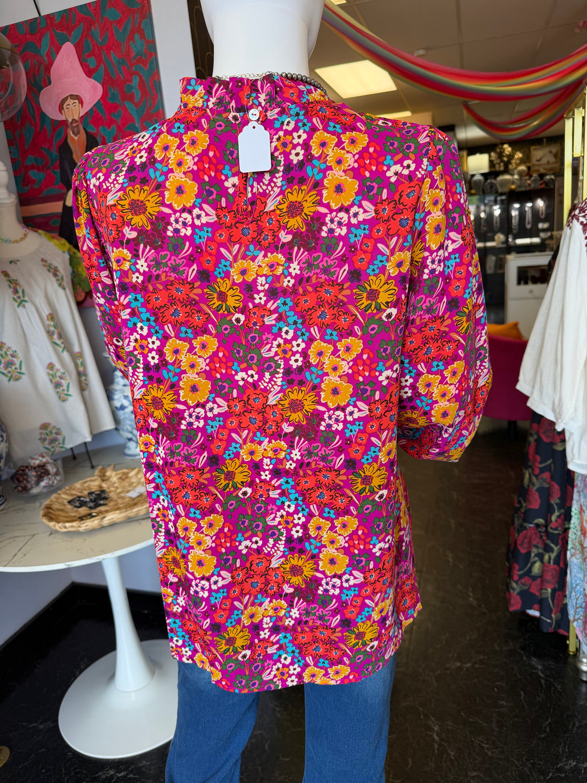 Magenta Floral Flutter Sleeve Top