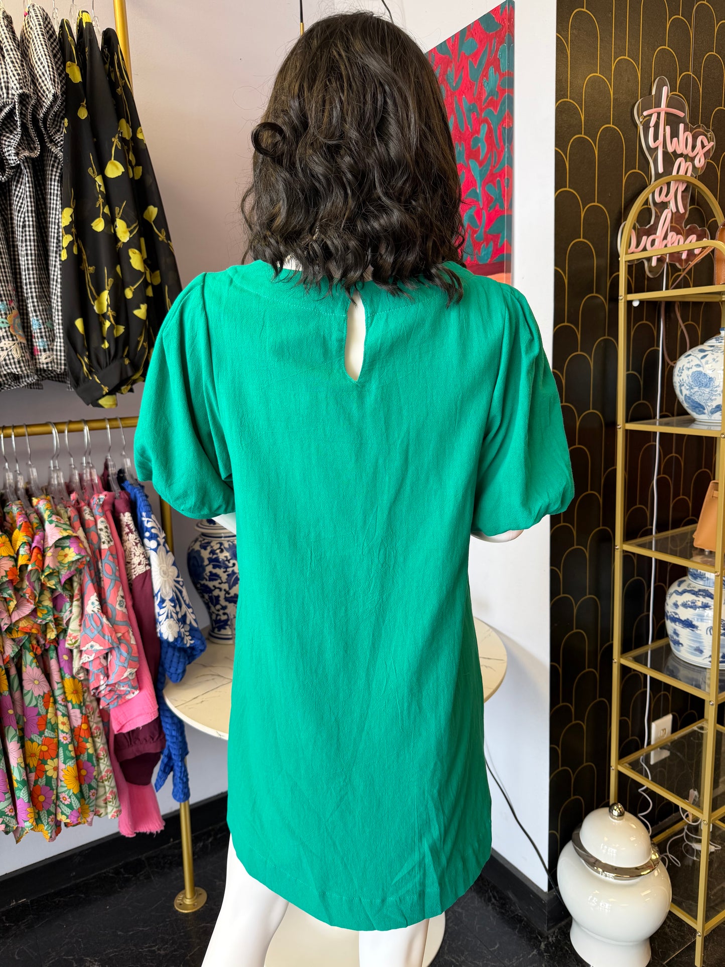 Jade Puff Sleeve Embroidered Dress