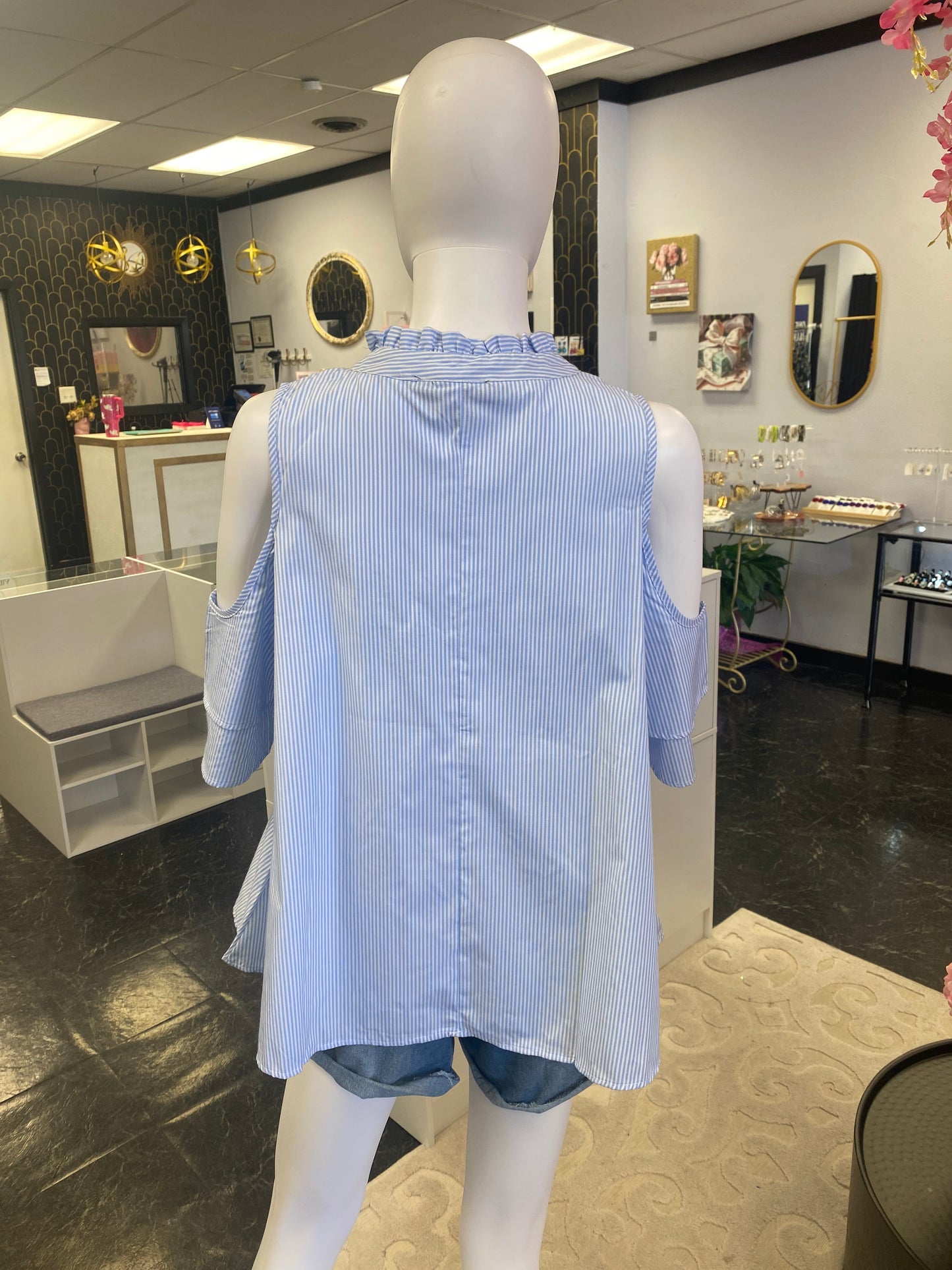 White & Blue Embroidered Cold Shoulder Top