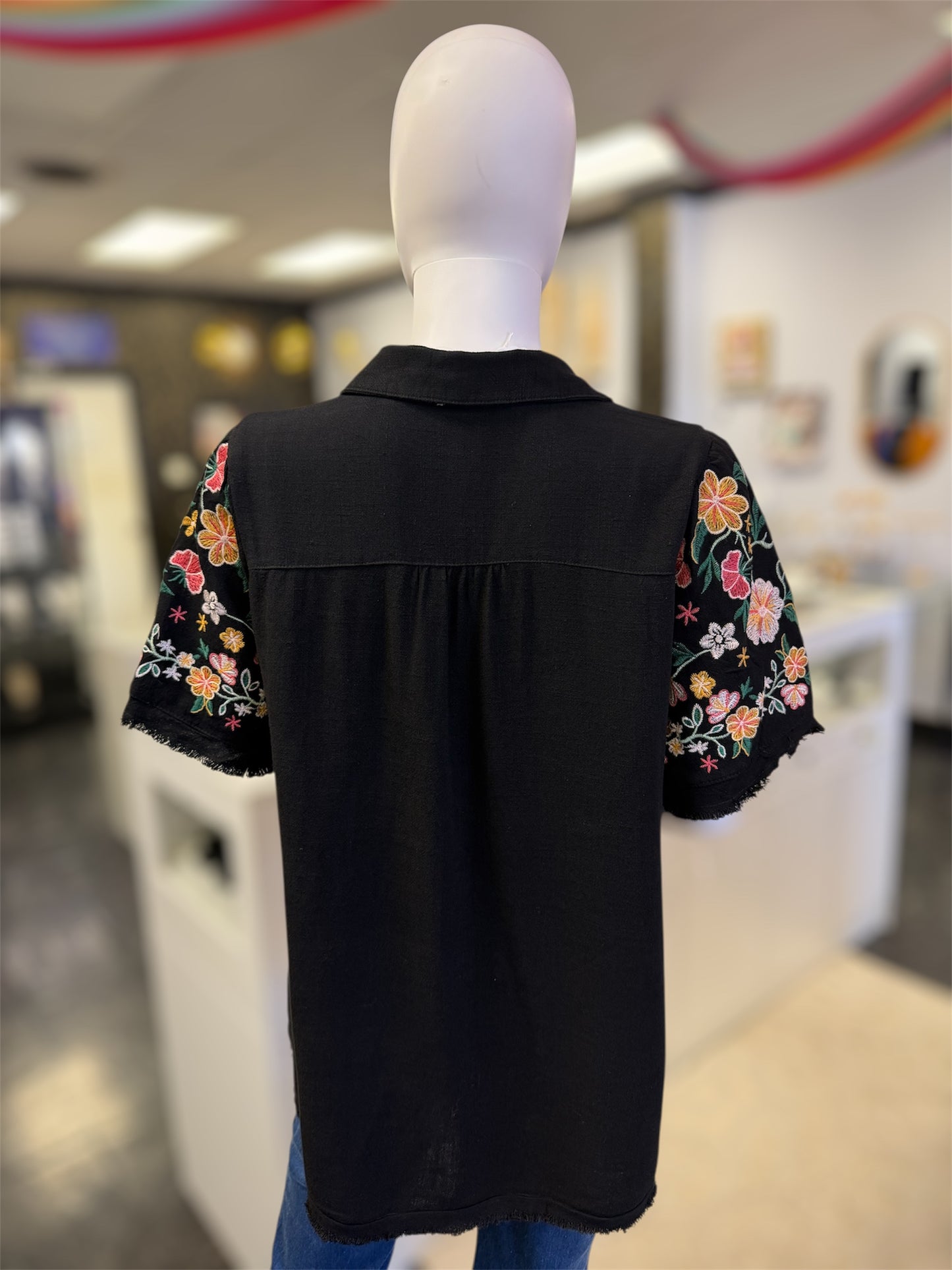 Black Linen Shirt With Embroidered Sleeves