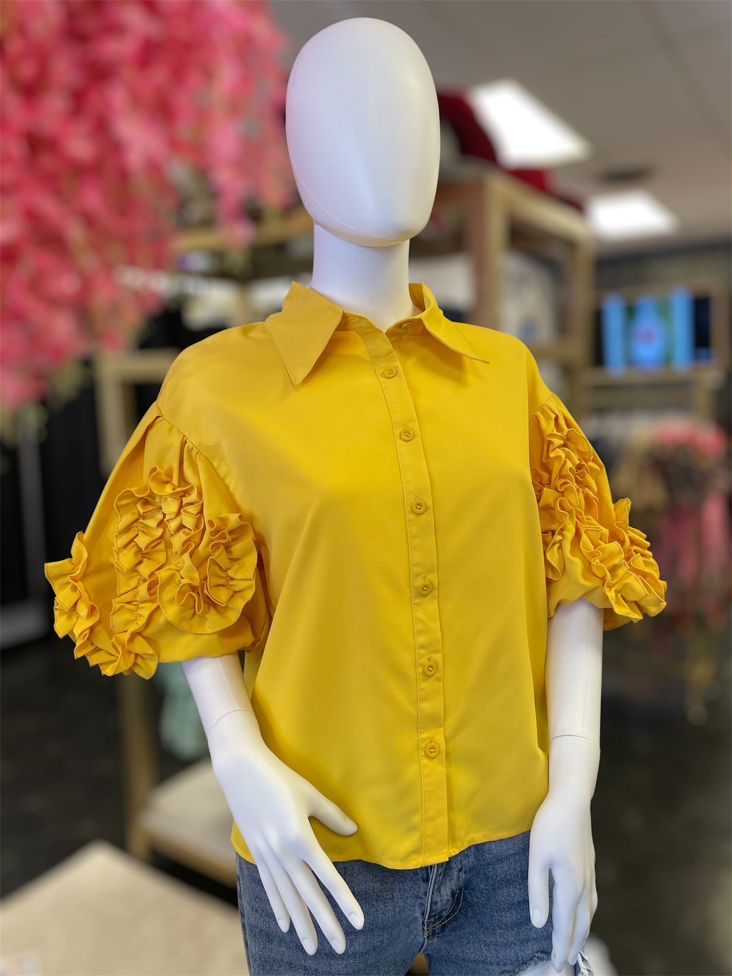 Sunshine Ruffle Sleeve Button Closure Blouse