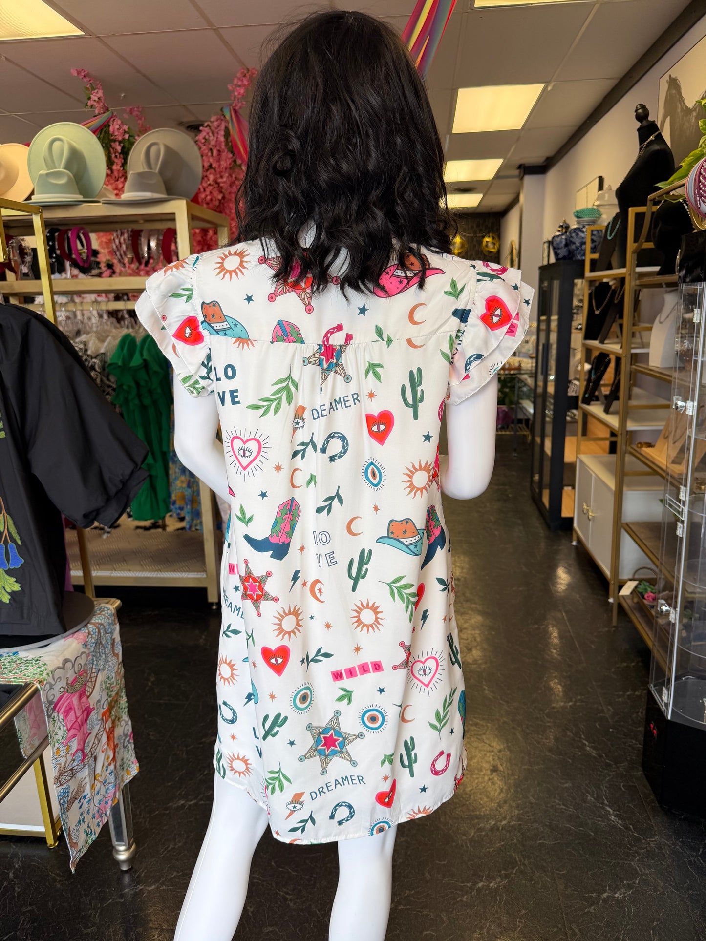 White Fluttered Graphic Western Button Up Dress