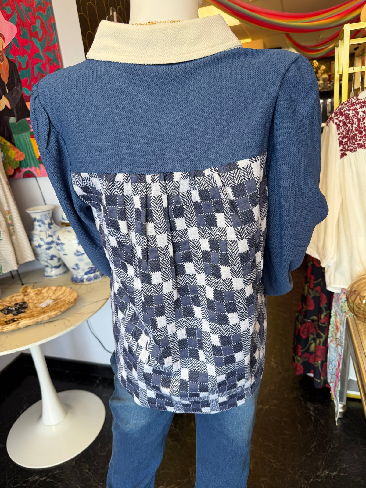 Blue & White Checker Collar Sweater Top