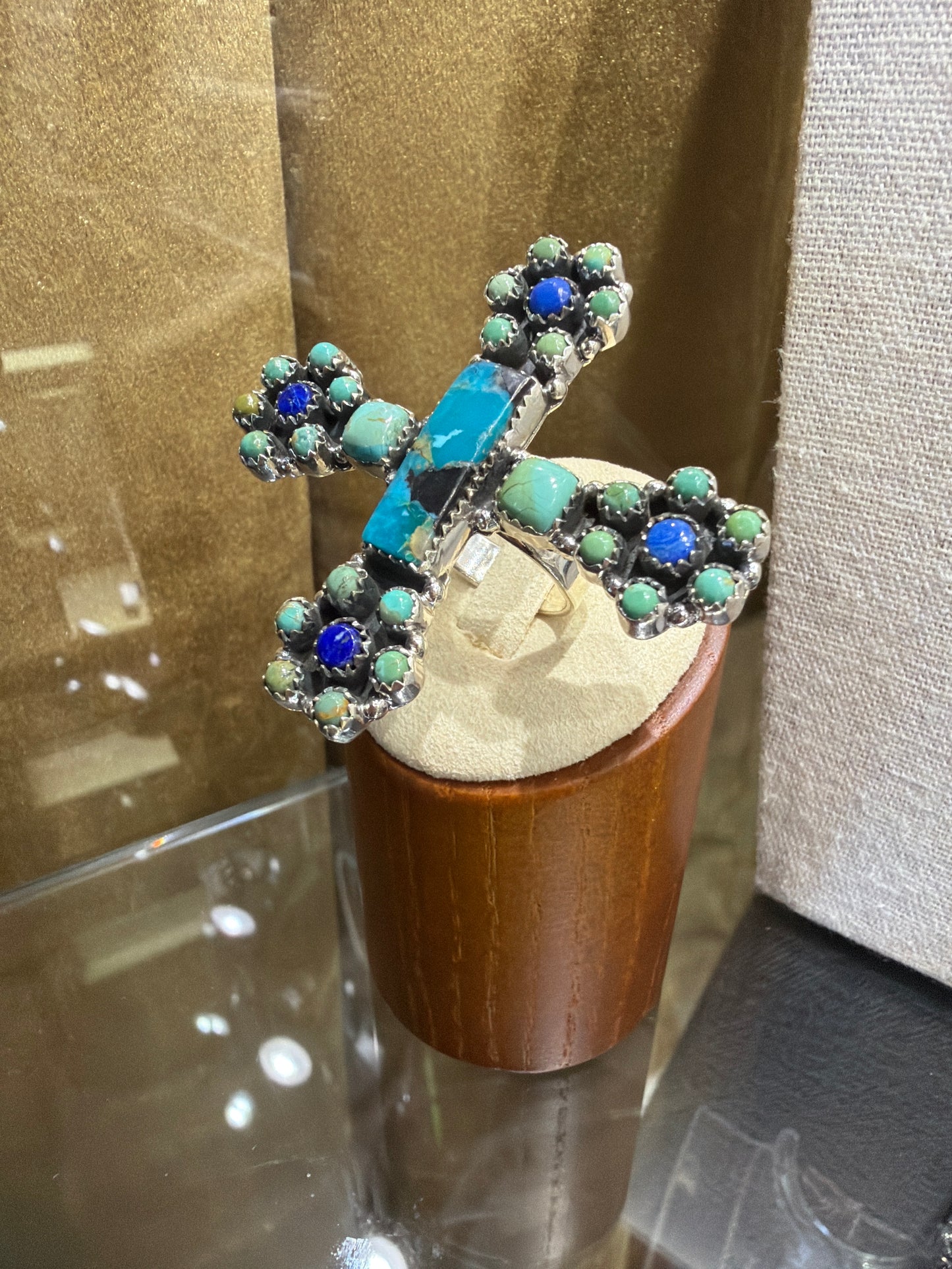 Sterling Silver Turquoise Blue Lapis Cross Adjustable Ring