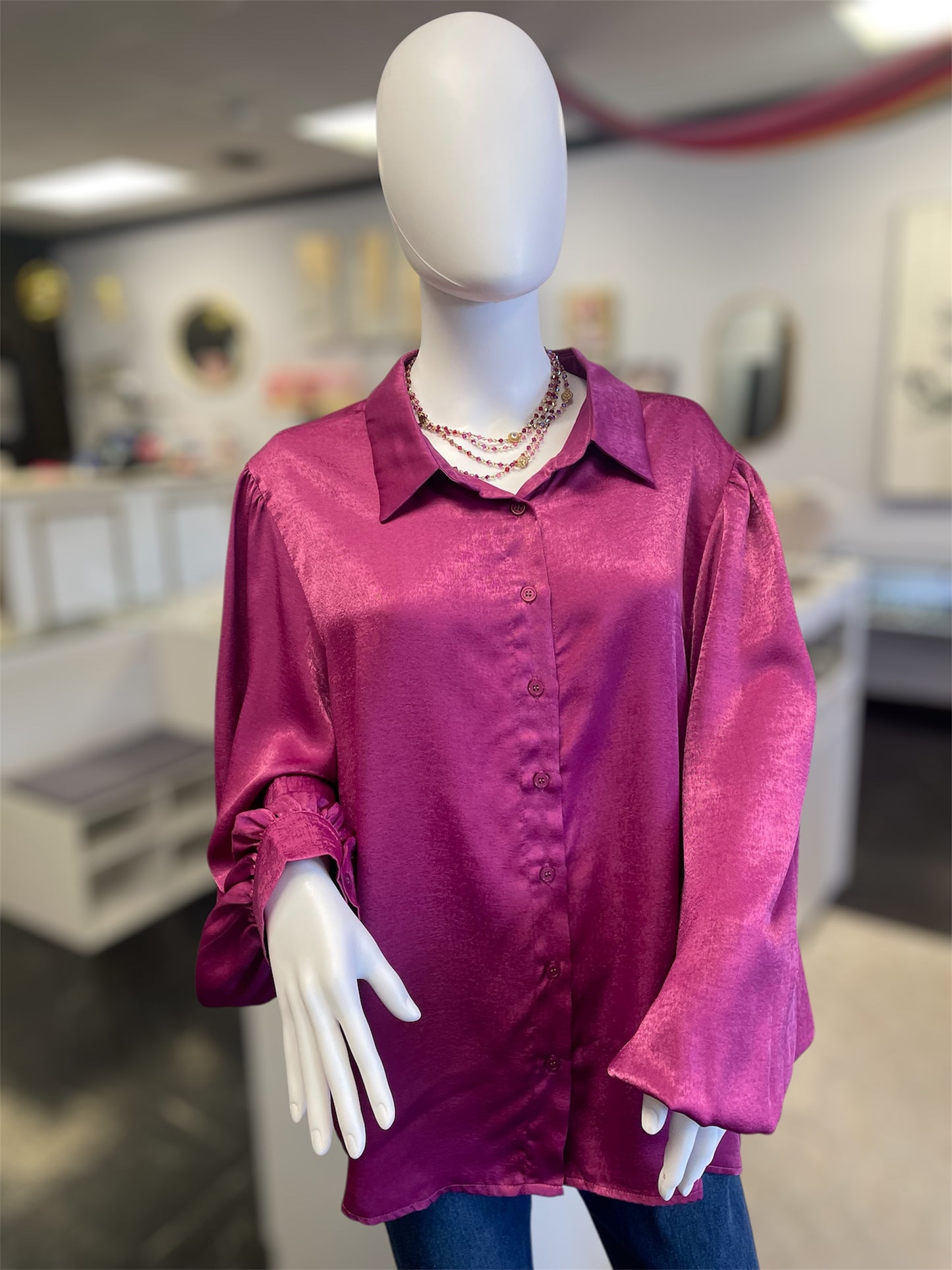 Magenta Satin Button Up Shirt (Curvy)