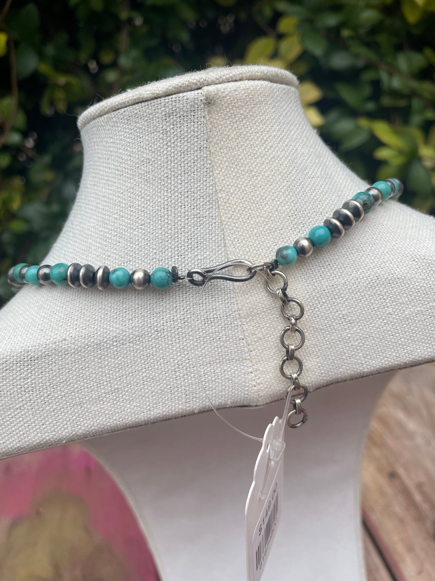 Navajo Sterling Style Pearls & Saucer Turquoise Necklace