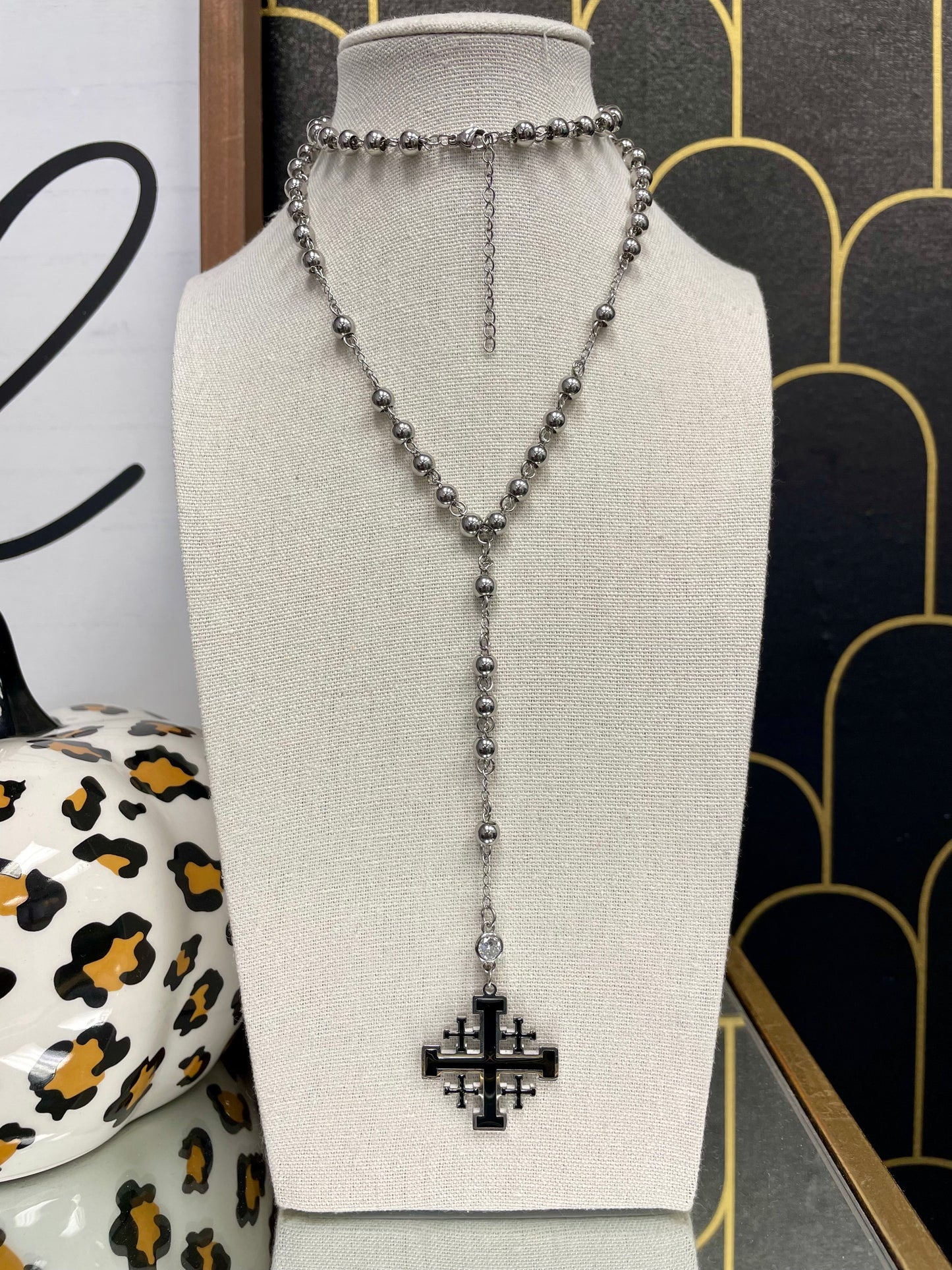 Silver Beaded Chain Crystal Jerusalem Cross Necklace 
