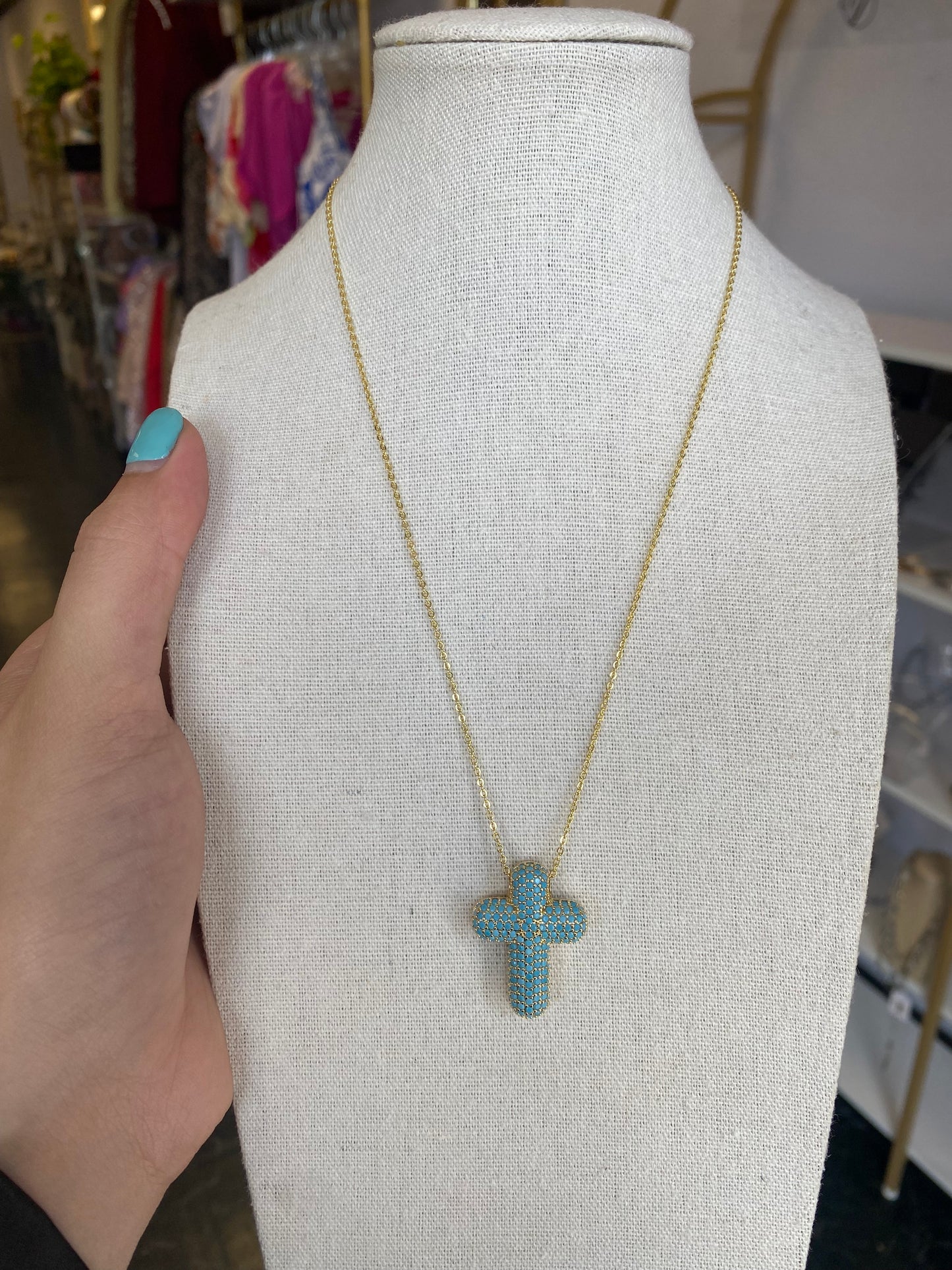 Blue Stone Pave Cross Necklace
