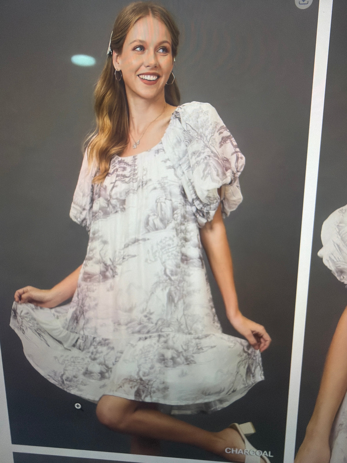 Charcoal Toile Print Dress With Puff Sleeves