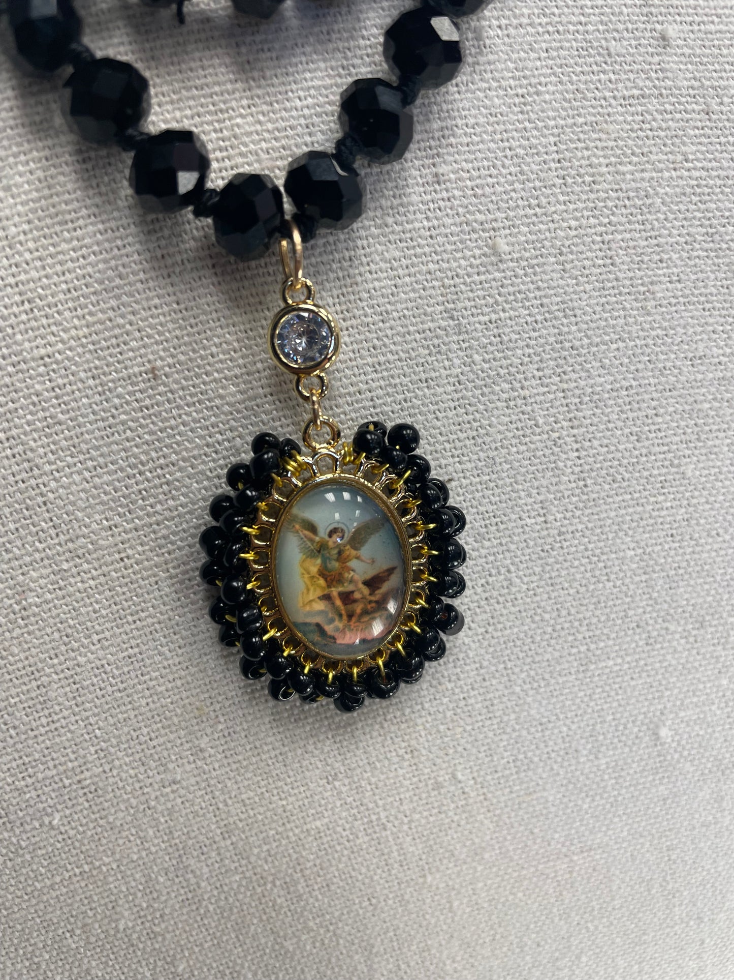 Black Saint Micheal Long Necklace