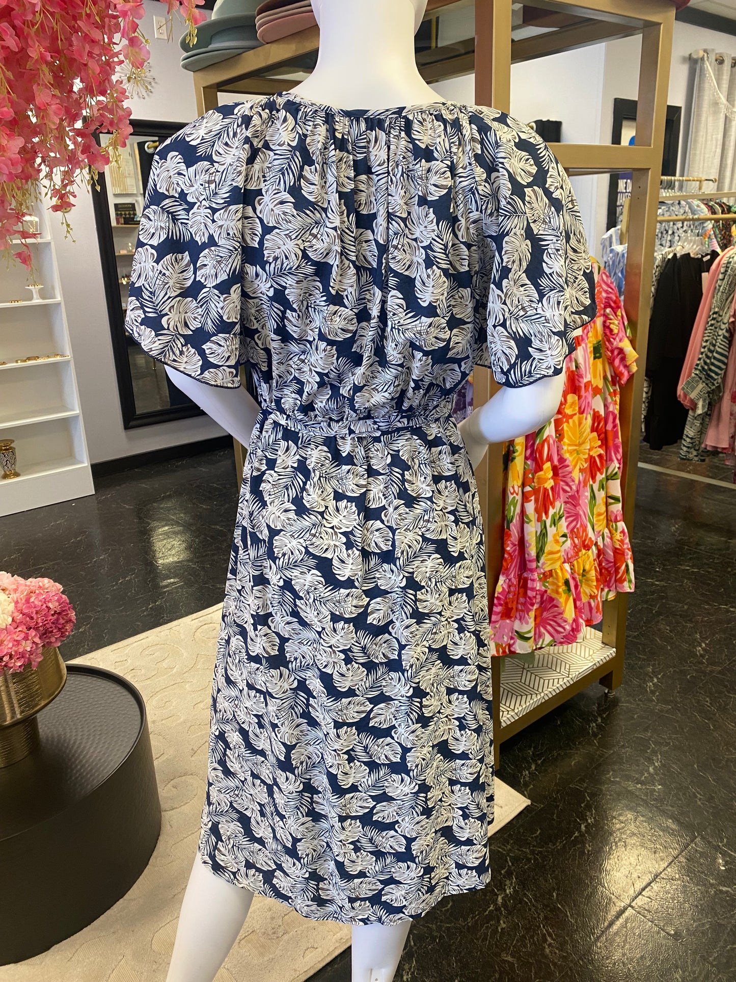 Navy Monstera Leaf Comfy Tie Dress