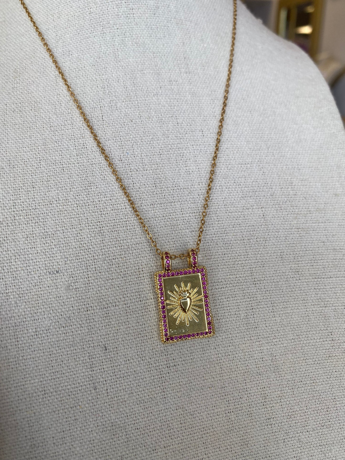 Flaming Heart Pink Stone Necklace
