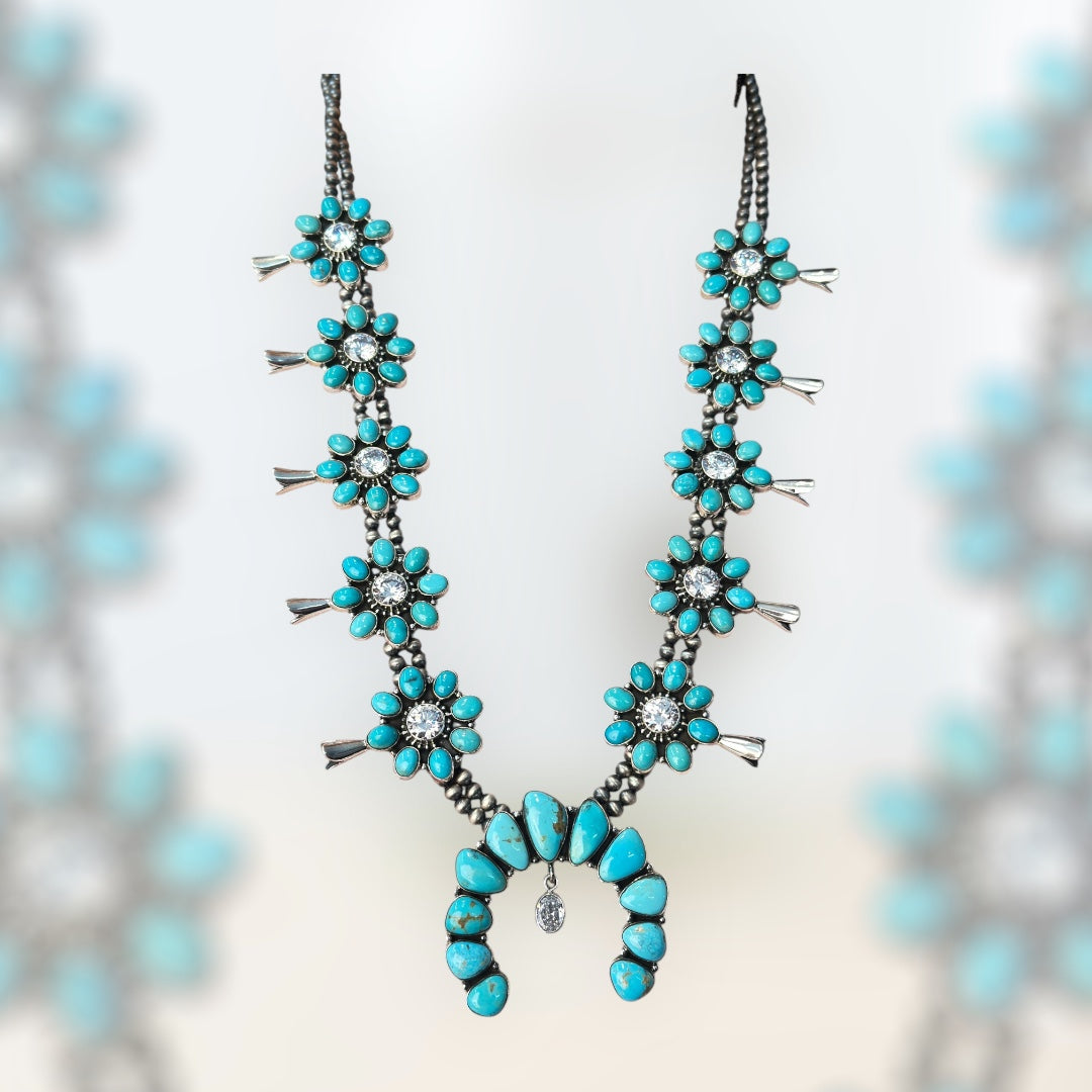Sterling Silver King Man Turquoise & Cubic Zirconia Squash Blossom Necklace