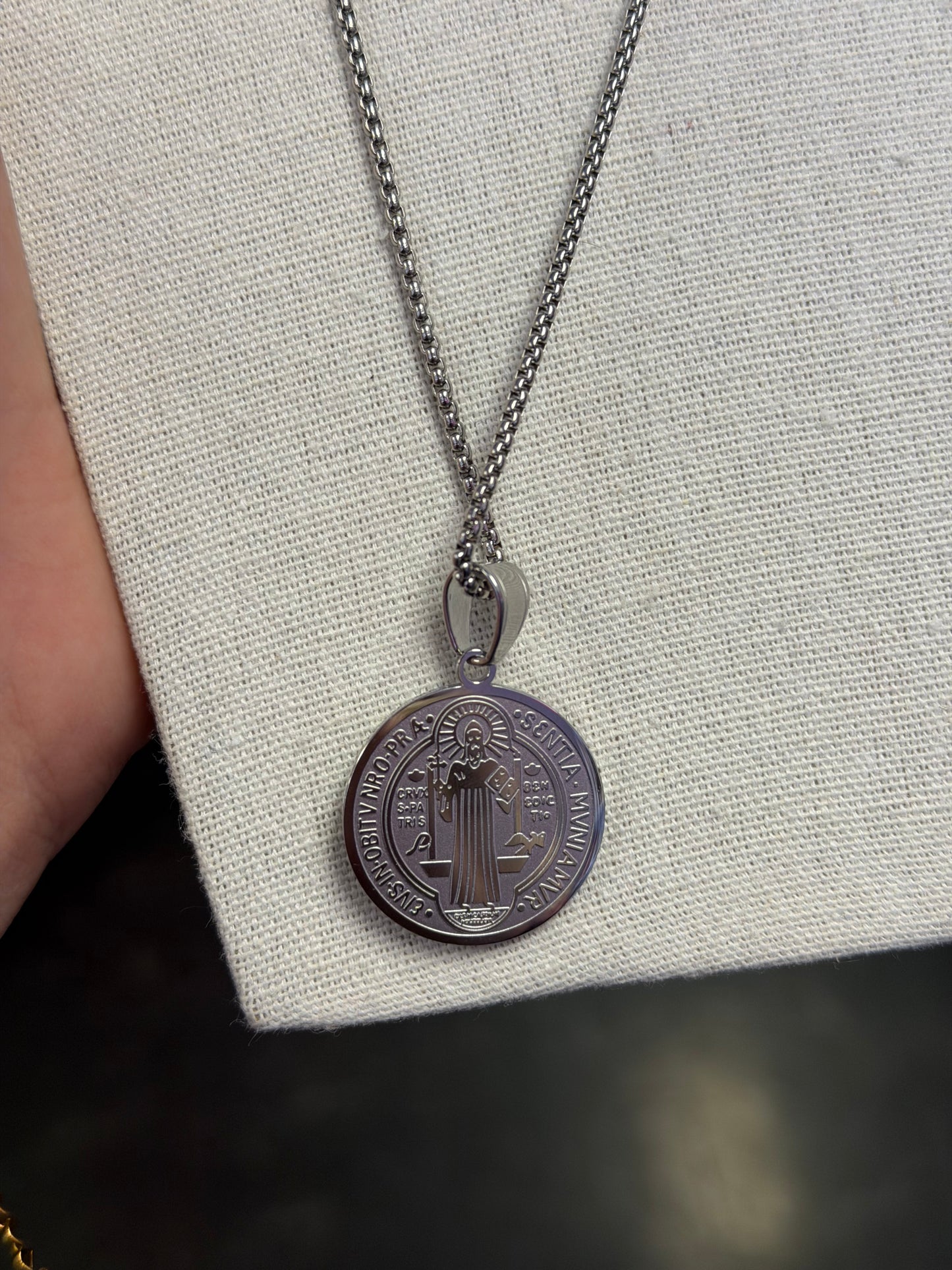 Long Silver Chain With Large Saint Benedict Pendant