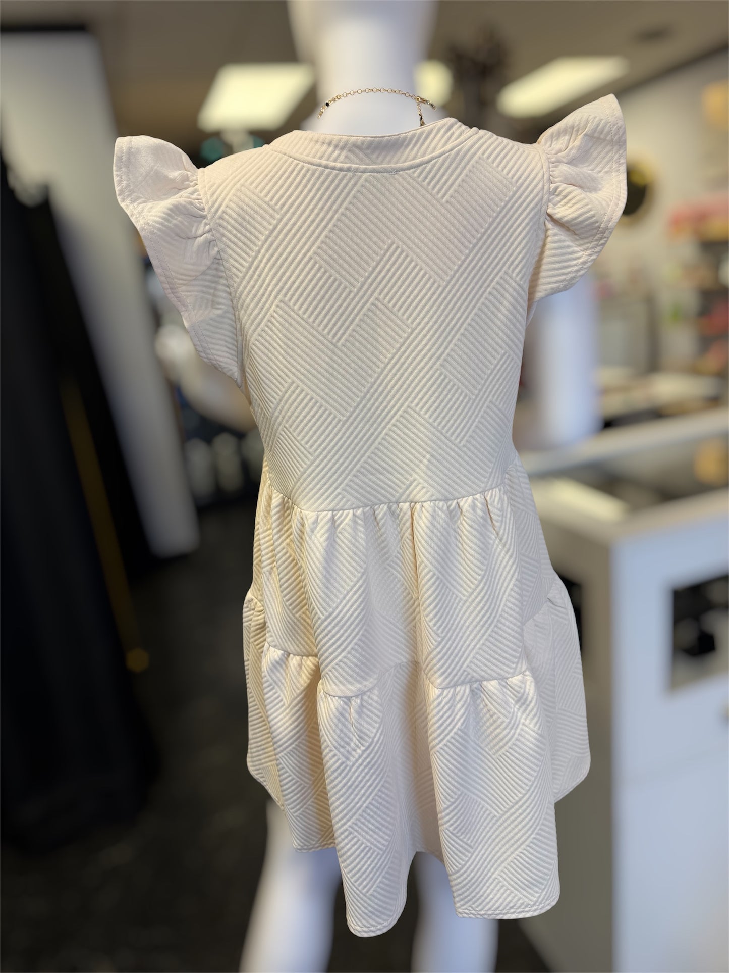 Criss Cross Lightweight Jacquard Split Neck Tiered Short Dress with Ruffle Sleeves