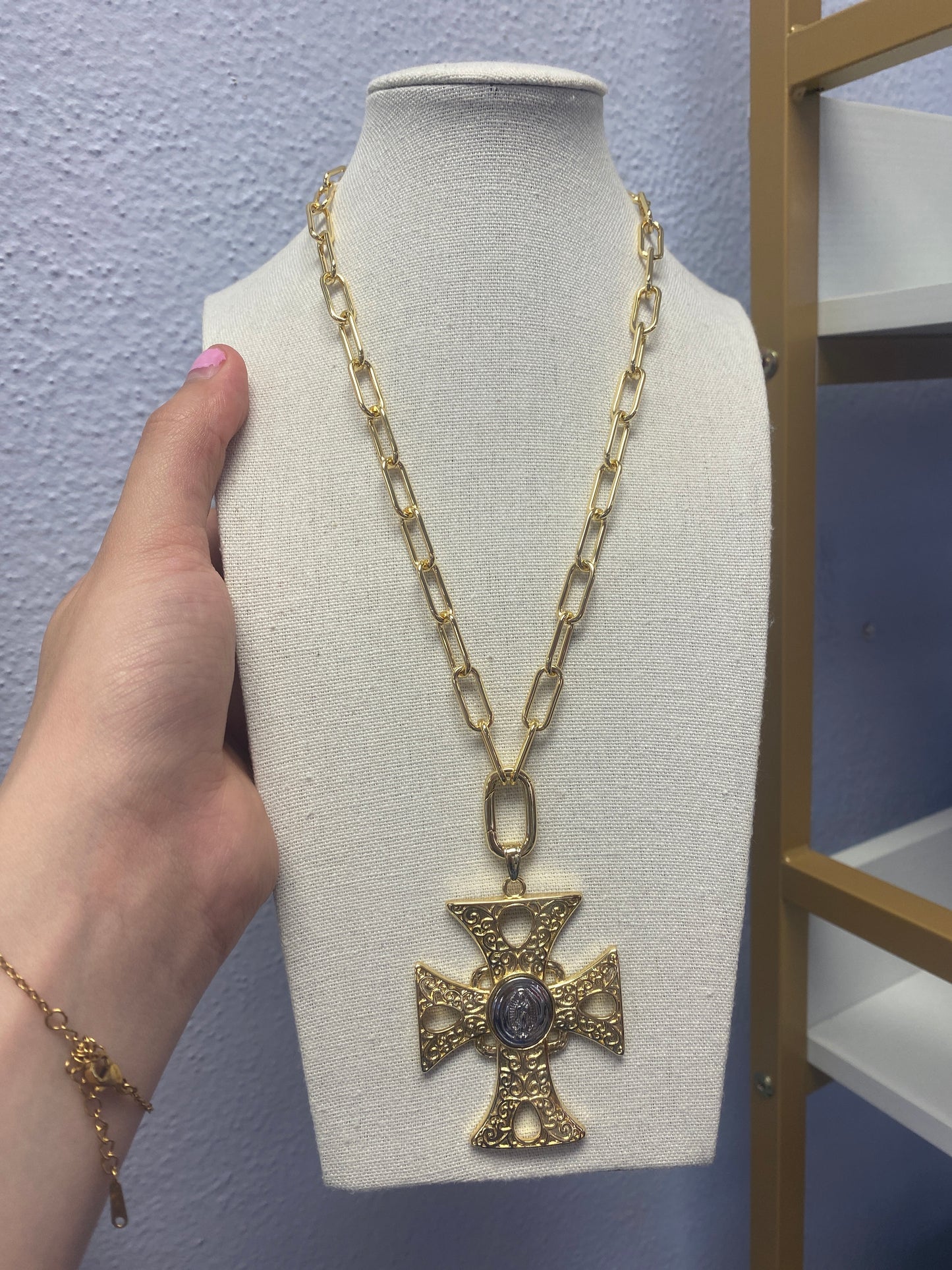 2 Tone Virgin Mary Cross Toggle Necklace