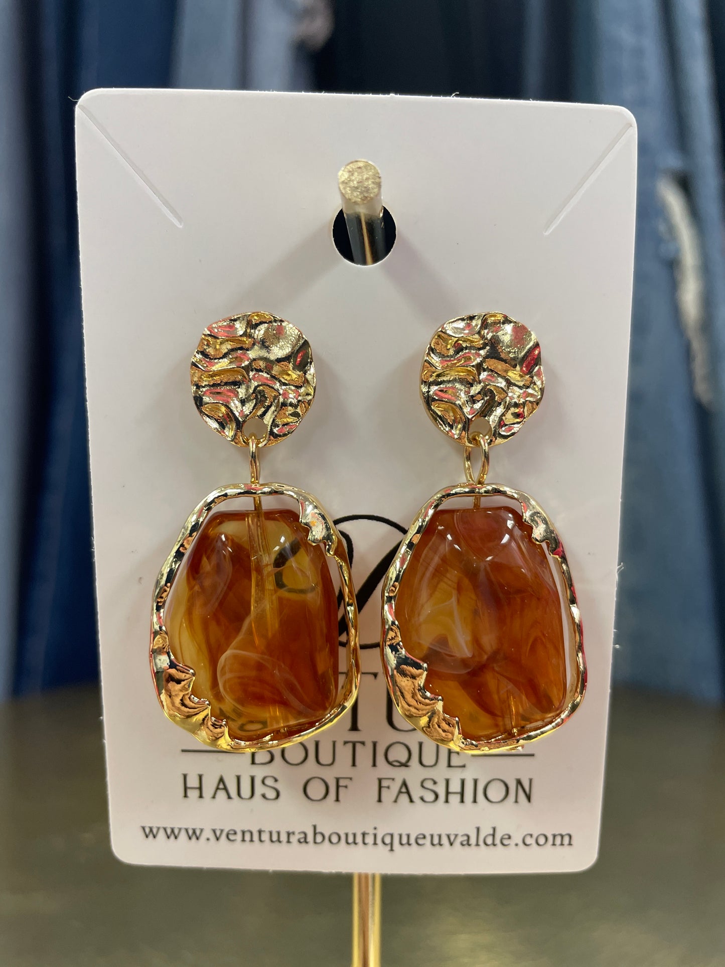 Gold Drop Brown Marble Stone Earrings
