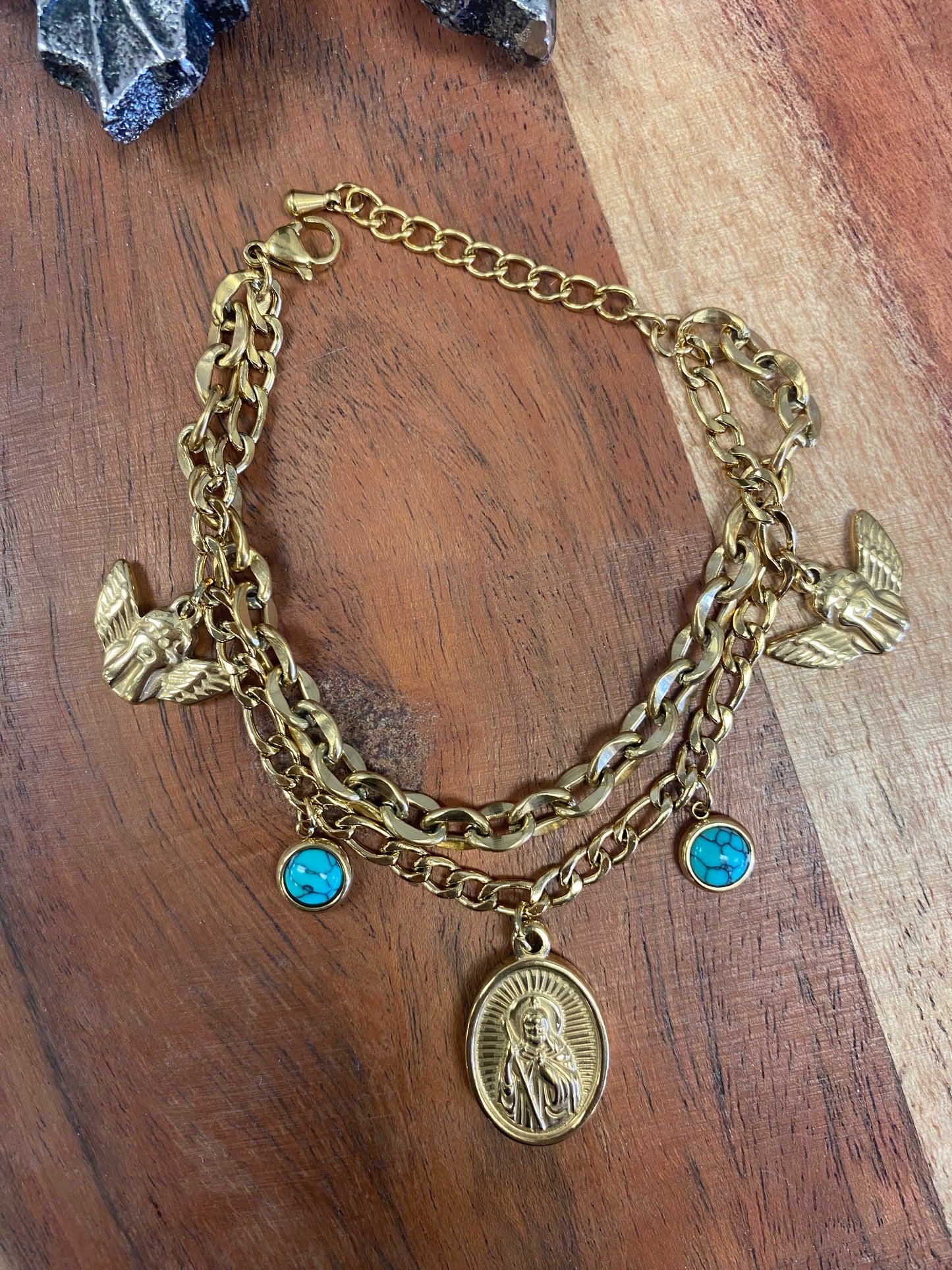 Stainless Steel Gold Plated Multi Charm Religious Bracelet