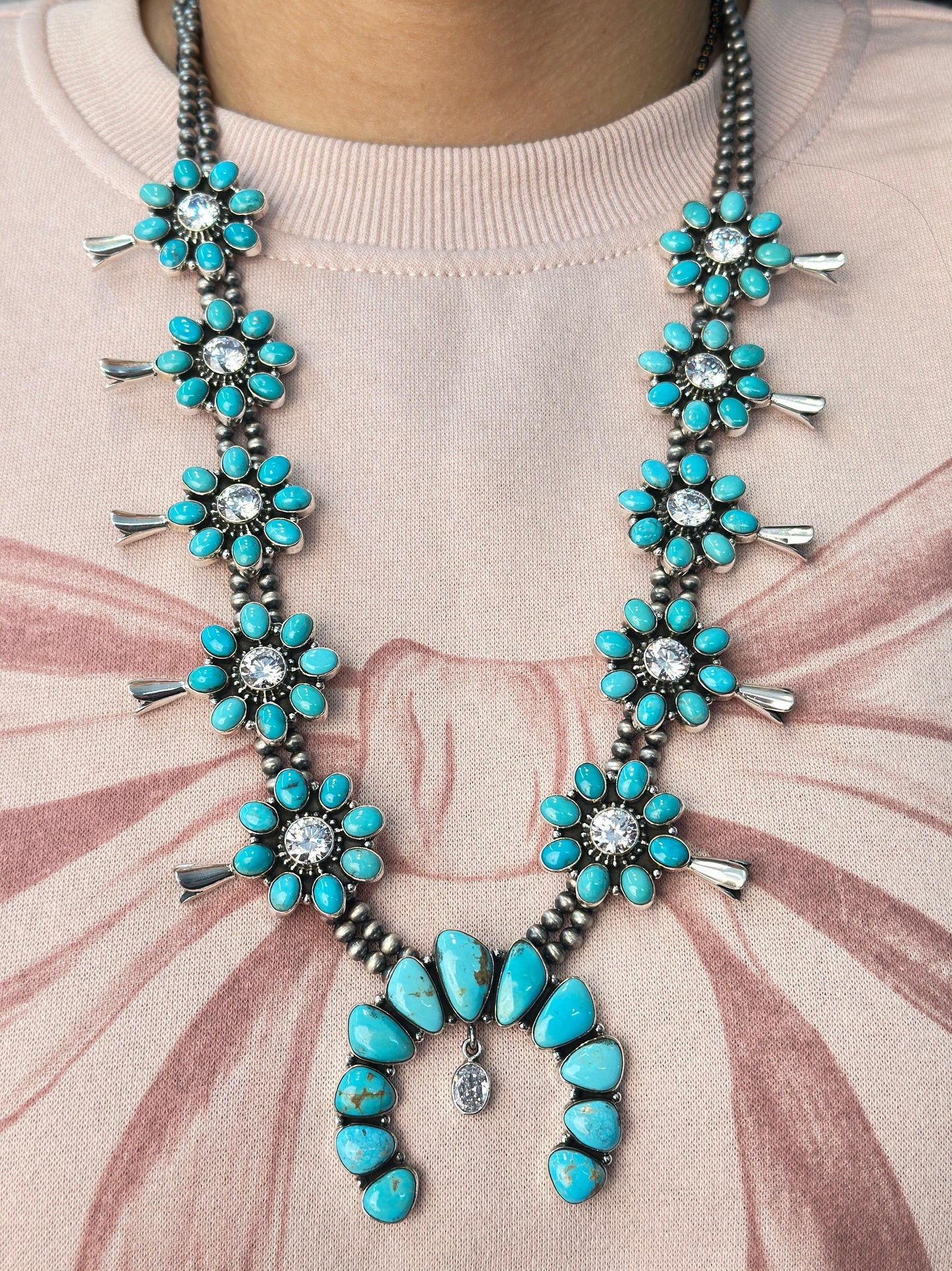 Sterling Silver King Man Turquoise & Cubic Zirconia Squash Blossom Necklace