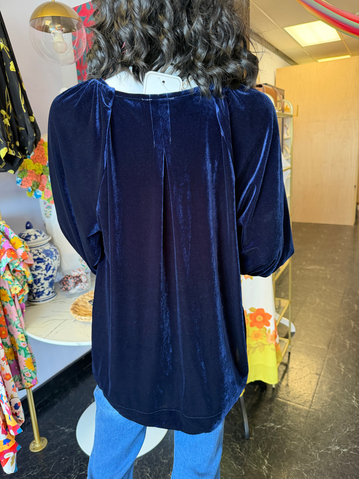 Navy Floral Lace Velvet Top