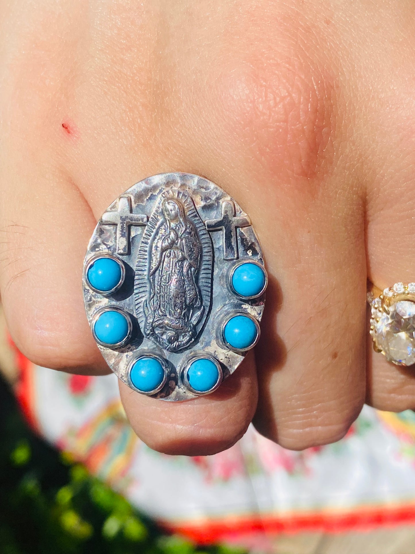 Sterling Silver Our Lady Turquoise Cross Ring Size 7