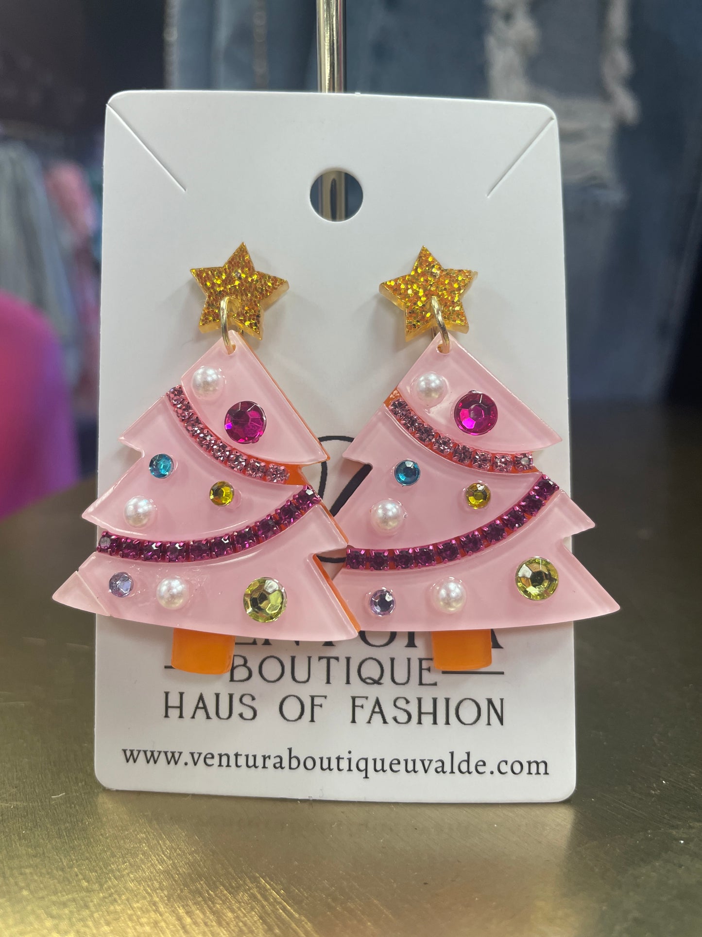 Pink Sparkle Christmas Tree Earrings