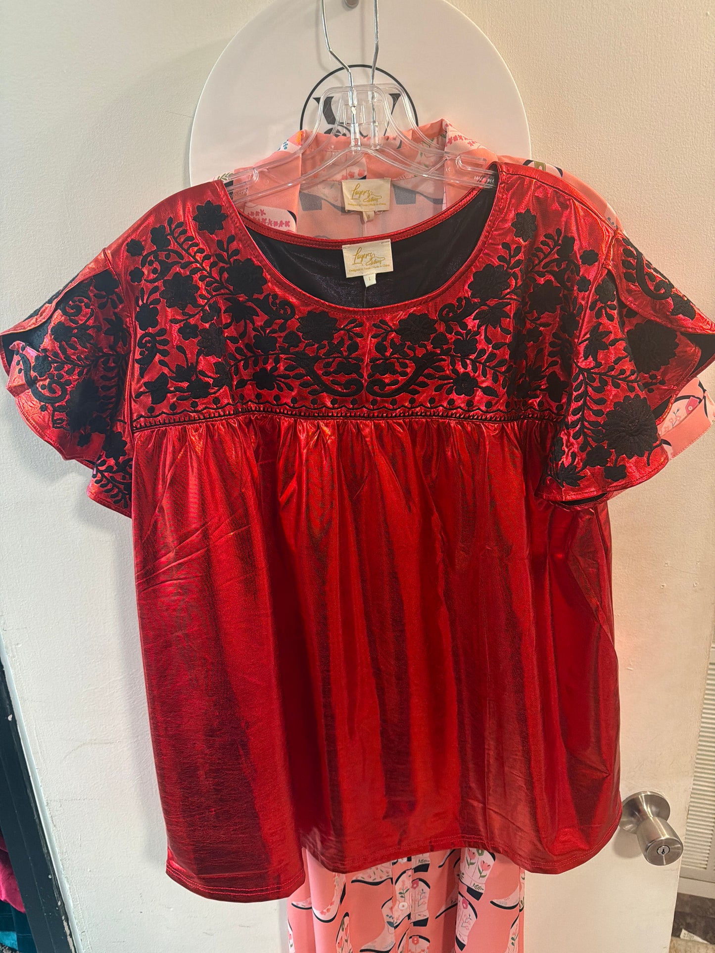 Red Metallic Black Embroidered Top Size Large