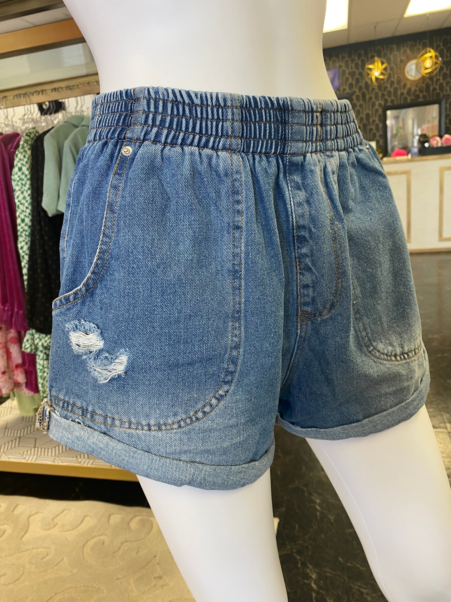 Denim Paper Bag Shorts Elastic