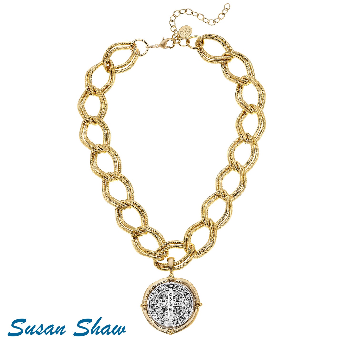 Saint Benedict Susan Shaw Large Gold & Silver Religious Necklace