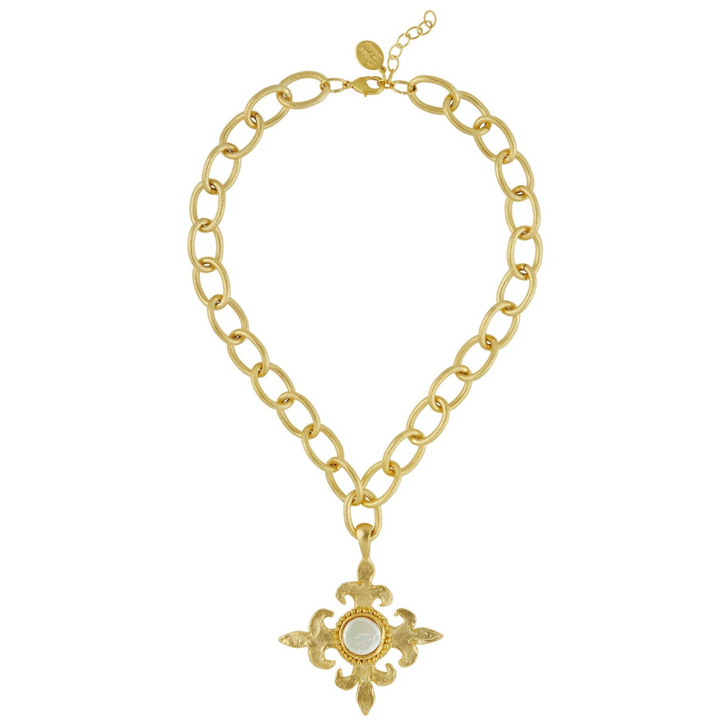 Gold Fleur Cross + Pearl Loop Chain Necklace