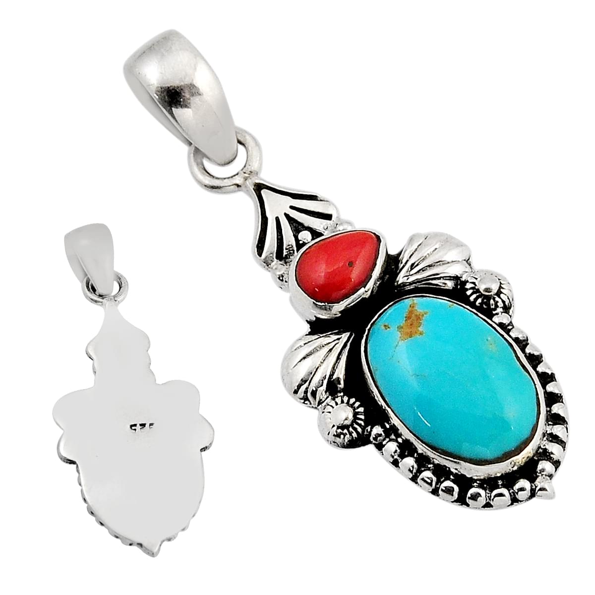 sleeping beauty turquoise coral silver pendant