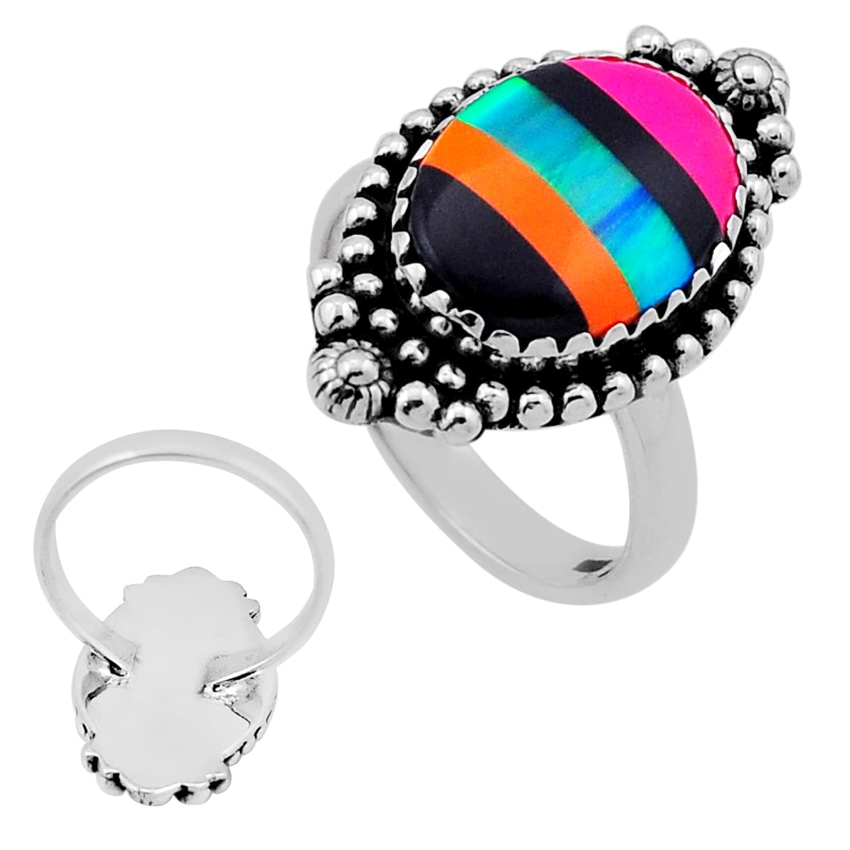 blue green black orange strip opal silver ring size 7