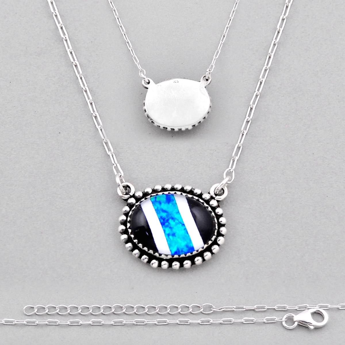 blue white black strip opal oval 925 silver necklace