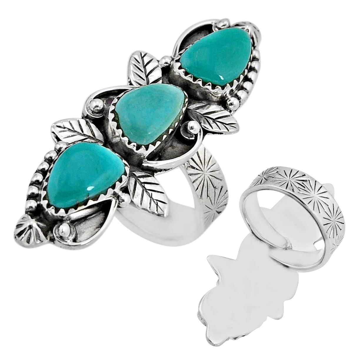 green turquoise silver adjustable ring size 7