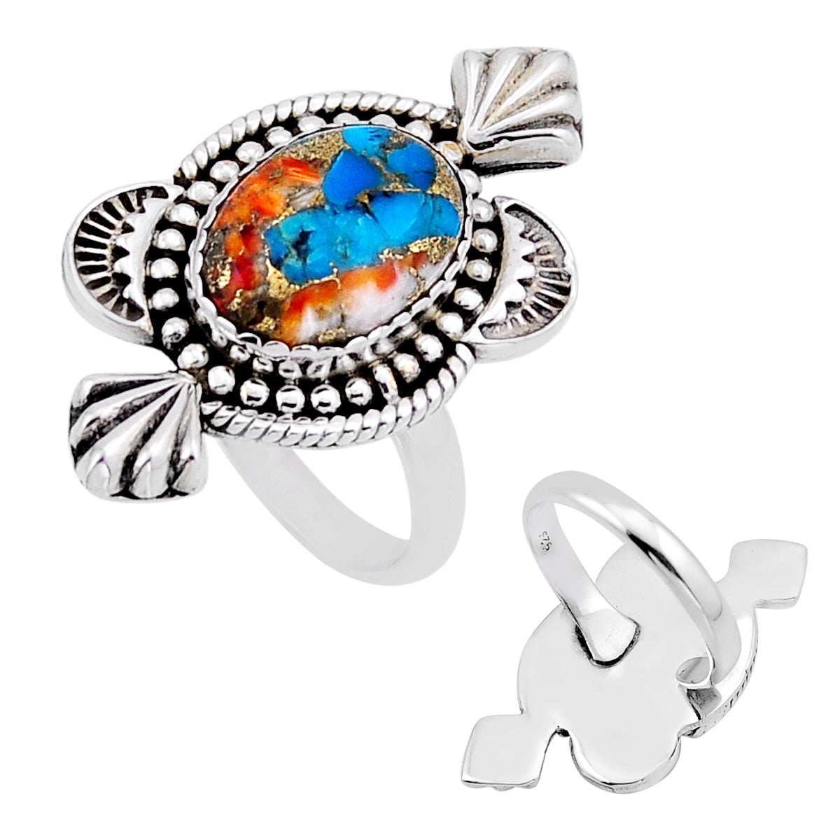 spiny oyster Arizona turquoise silver adjustable ring