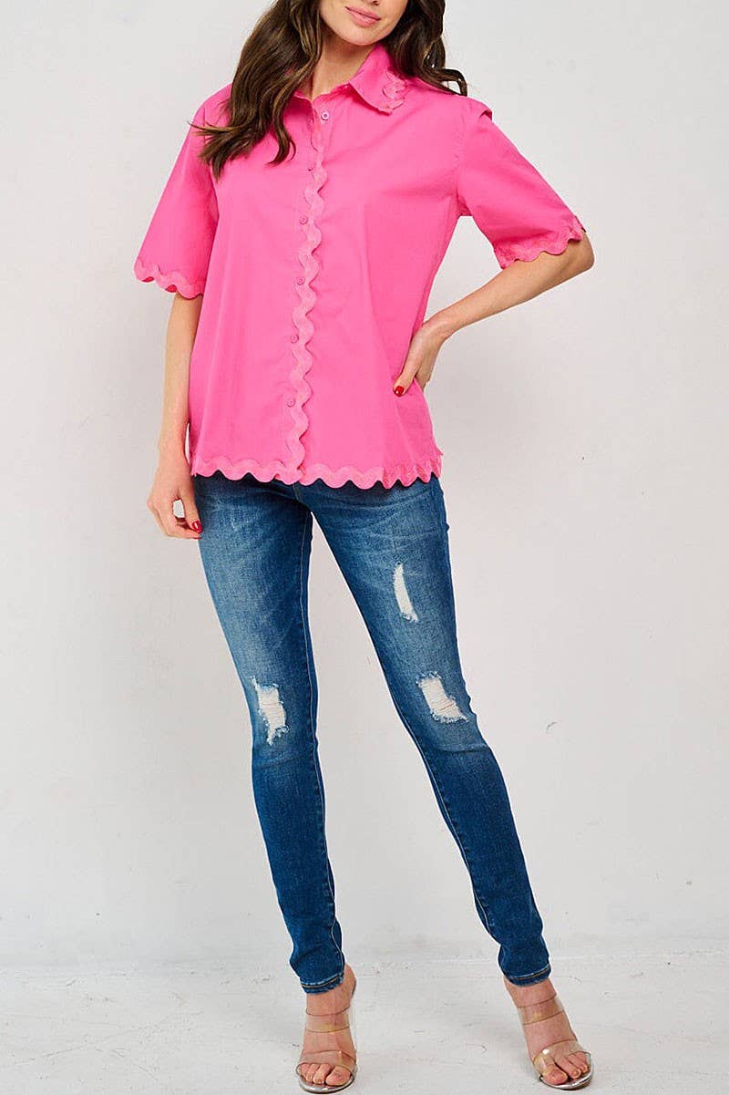 Short Sleeve Button Up Detailed Trim Blouse