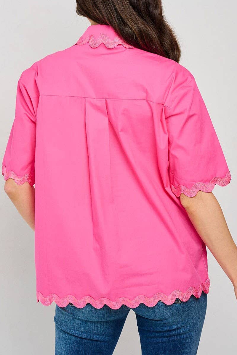 Short Sleeve Button Up Detailed Trim Blouse