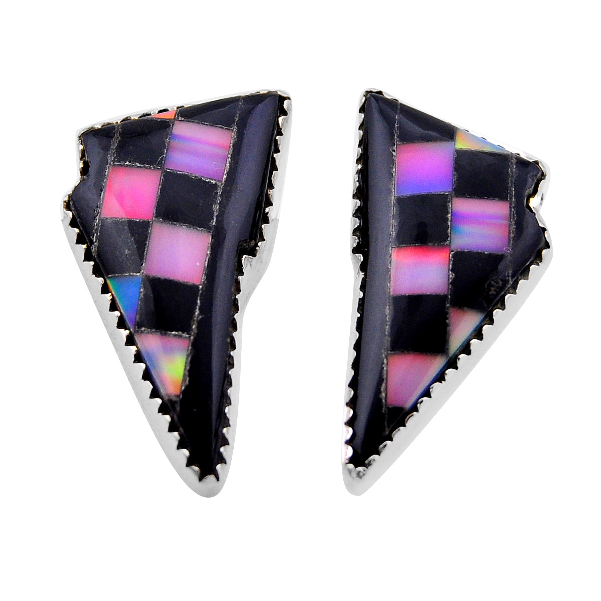 checker black pink stripe opal fancy 925 silver stud earrings