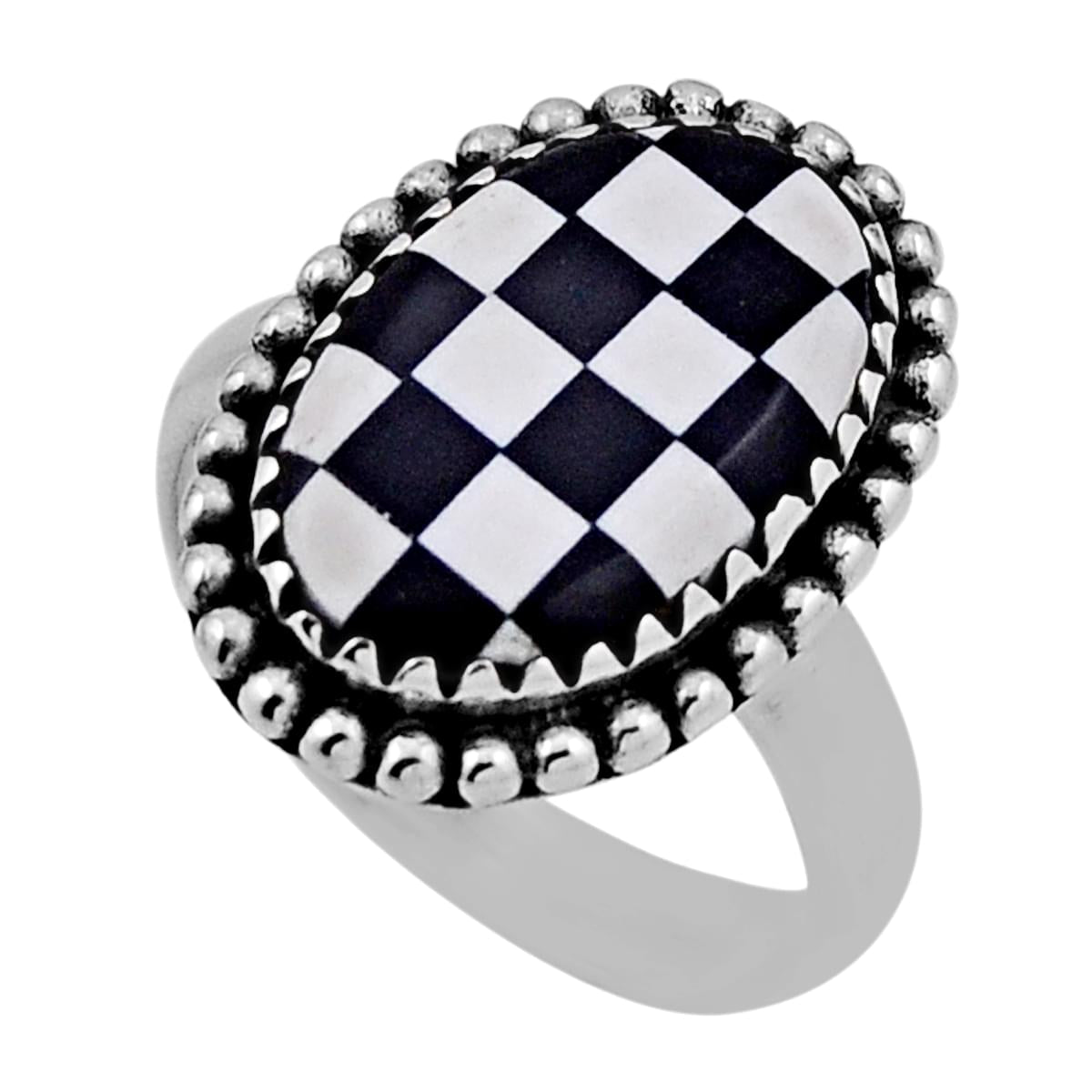 checker black white strip opal sterling silver ring size 7