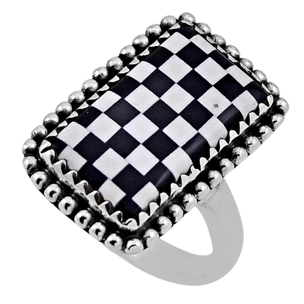 checker black white strip opal 925 silver ring size 7.5