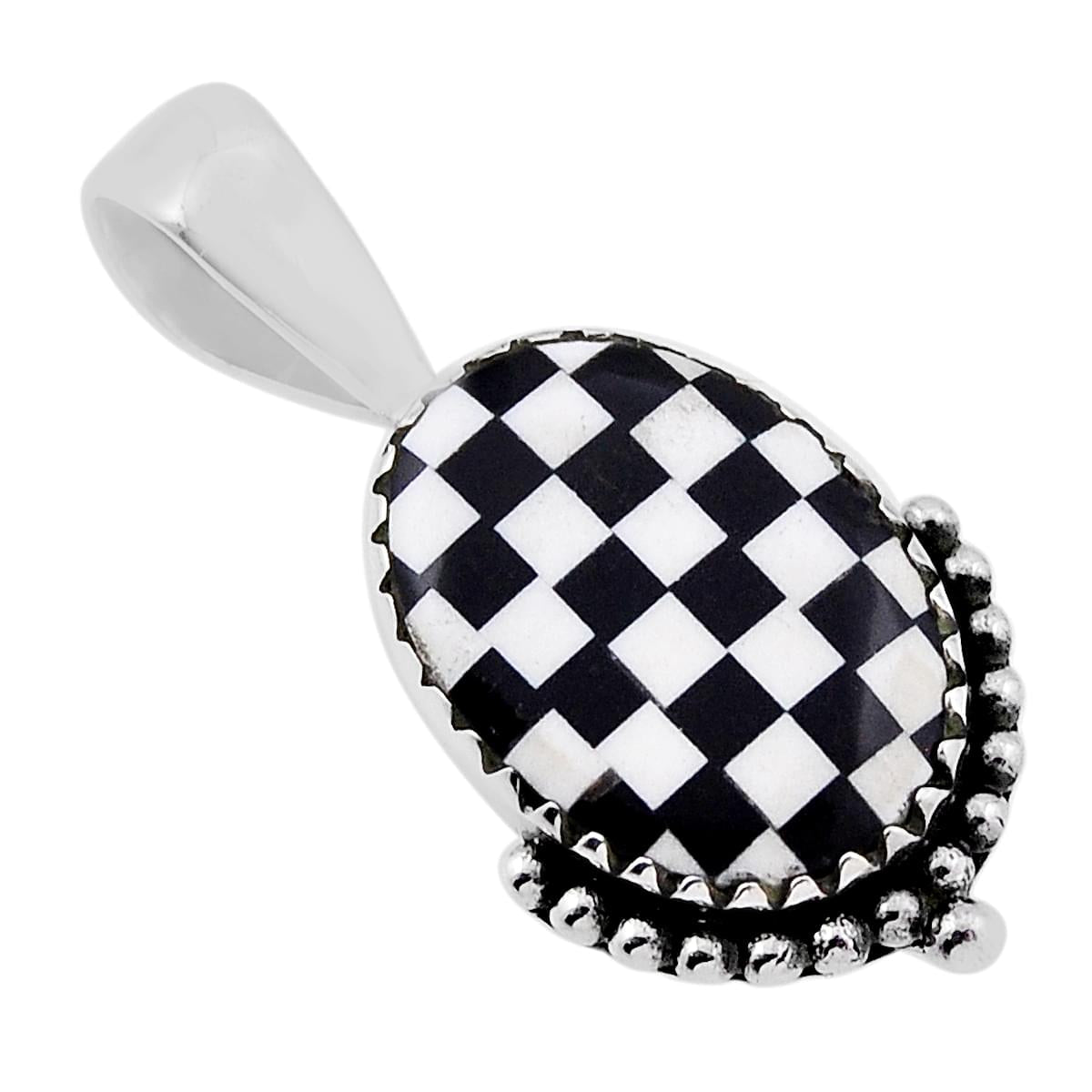 checker black white strip opal oval 925 sterling silver pendant