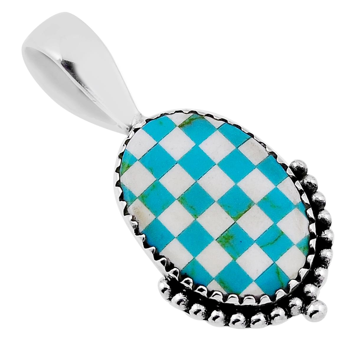 checker blue white strip opal 925 sterling silver pendant
