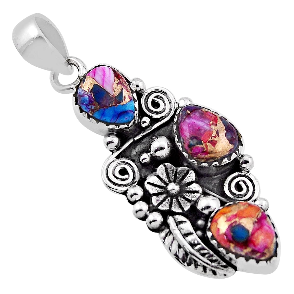 flower with leaf spiny oyster arizona turquoise silver pendant