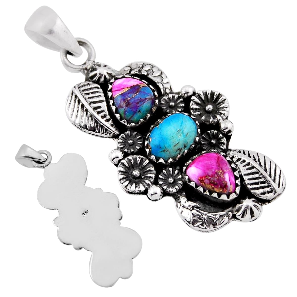 Kingman ice blue dahlia spiny oyster arizona turquoise 925 silver pendant