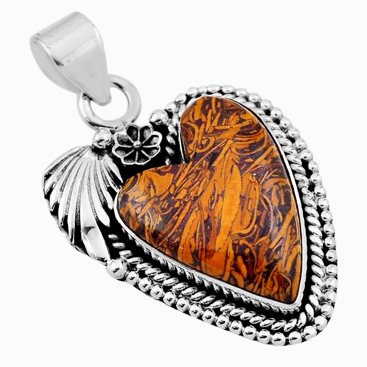 natural black firework obsidian heart 925 silver leaf pendant