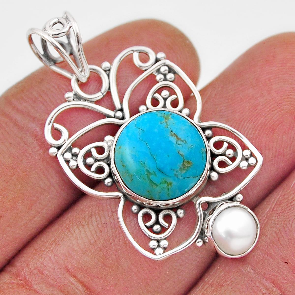 natural blue turquoise pearl 925 sterling silver pendant