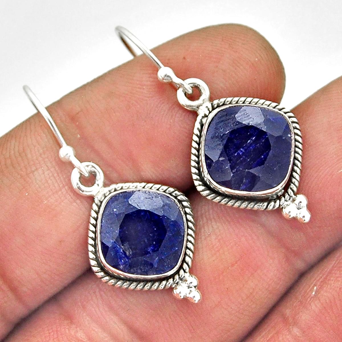 Natural blue sapphire cushion sterling silver dangle earrings