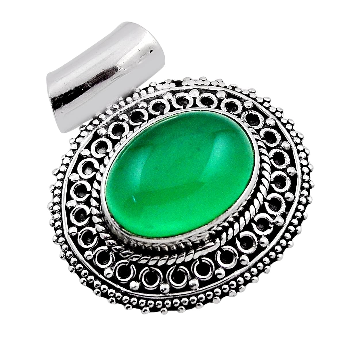 natural green chalcedony oval sterling silver pendant