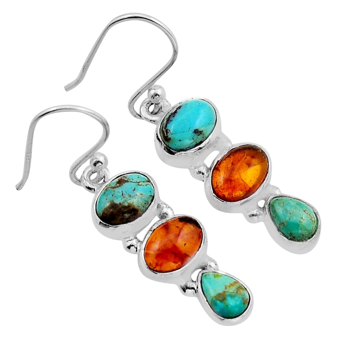 natural king man turquoise baltic amber 925 silver dangle earrings